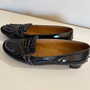 Tod's Fringe Black Patent Leather Loafers with Purple Trim